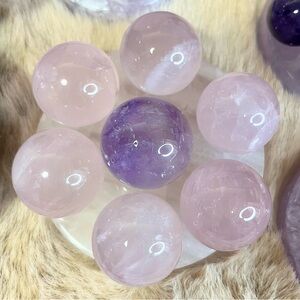 Pink Rose Quartz and Purple Amethyst Crystal Sphere Set on Fengshui Plate
